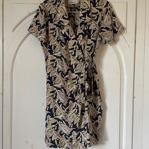 Adrianna Papell women’s silk paisley blue and tan wrap mini dress size S Petite